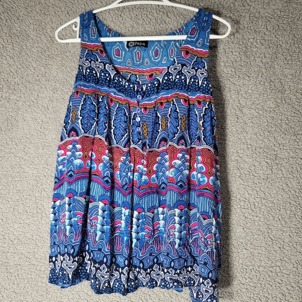 Papa Tank Top Womens One Size Blue Hippy Pattern Flowy Oversized Festival Shirt